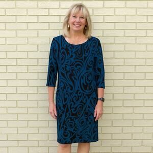 Chicos Travelers Dress Womens Sz 2 (Large) Midi Length Sapphire Swirl 3/4 Sleeve